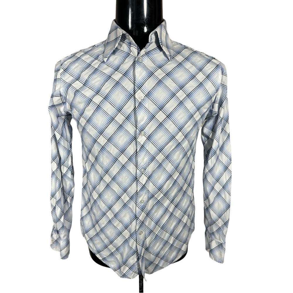 Carbon Black Geo Modern Print Blue Stripe White Button Up Shirt Sz M